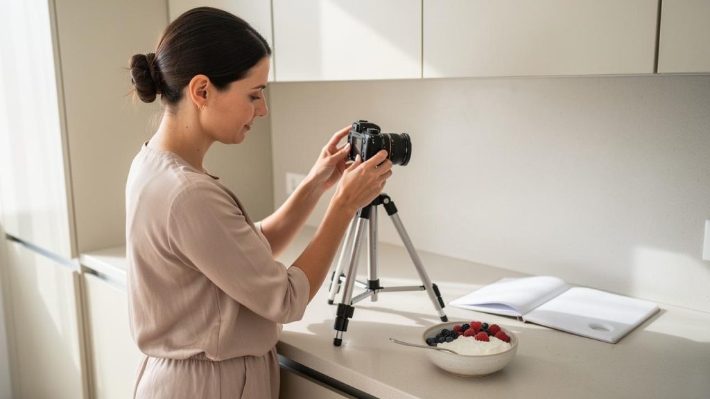 Žena podešava kameru na stativu dok fotografiše zdjelu jogurta sa bobičastim voćem