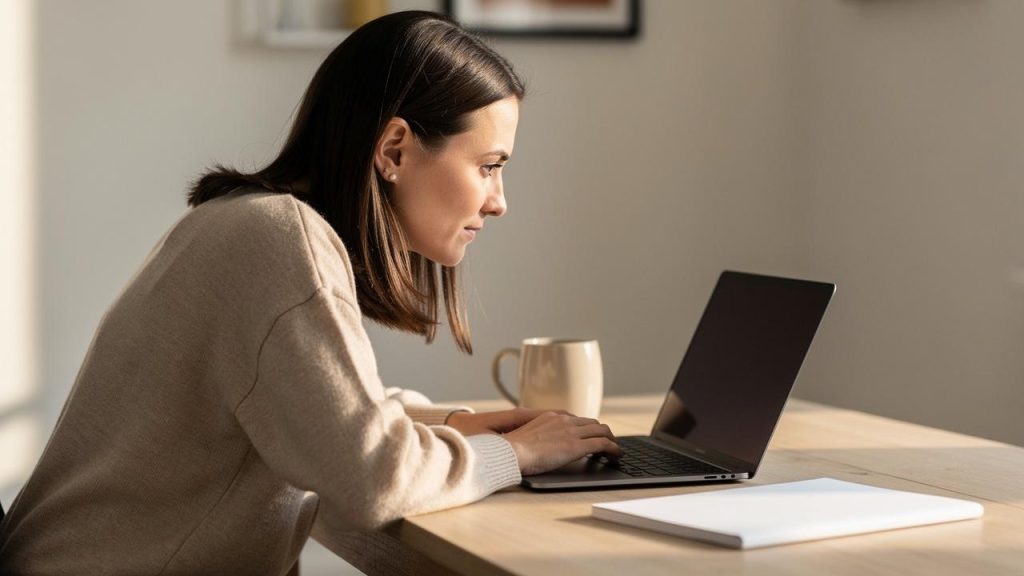 Žena sedi za stolom i kuca na laptopu pored šolje i bele sveske