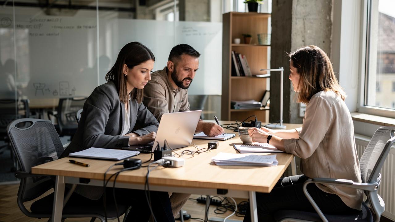Tri kolege sede za stolom i rade na laptopu dok prave beleške za sastanak