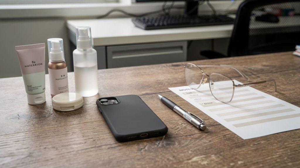 Drveni sto sa kozmetikom, mobilnim telefonom, hemijskom olovkom i naočarima