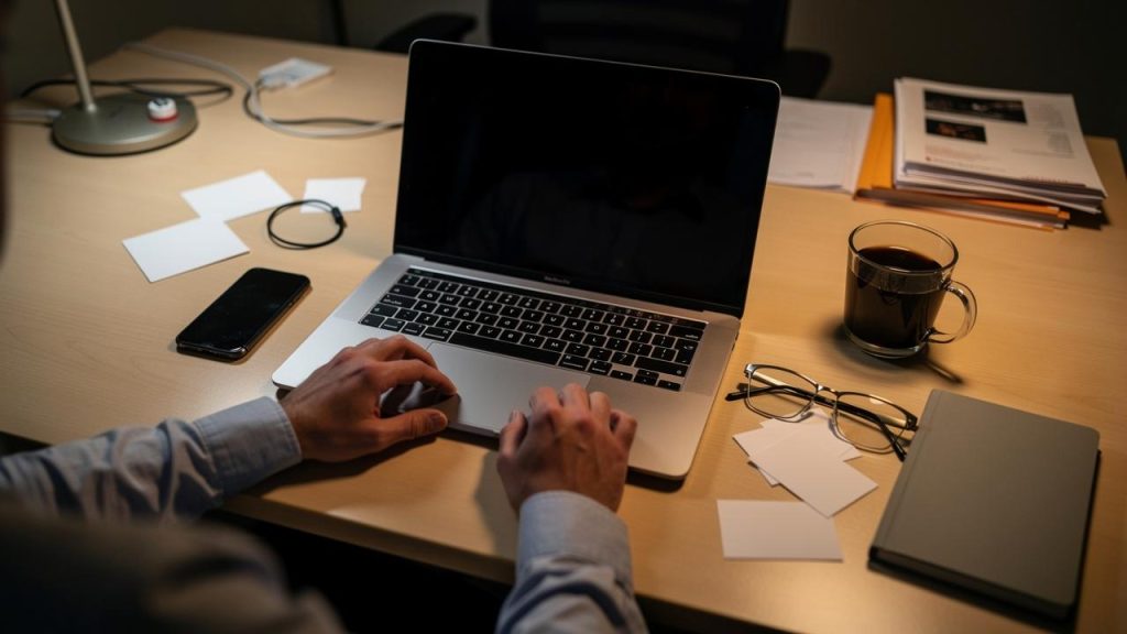 Ruke koje kucaju na laptopu na radnom stolu pored šolje kafe i naočara