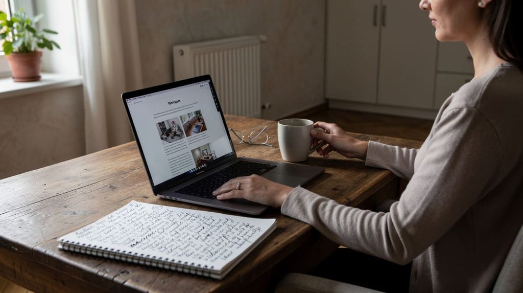 Osoba koristi laptop držeći šolju dok otvorena sveska leži na drvenom stolu