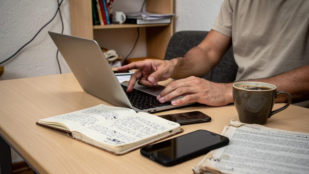 Ruke kucaju na laptopu na stolu pored otvorene sveske i šolje kafe