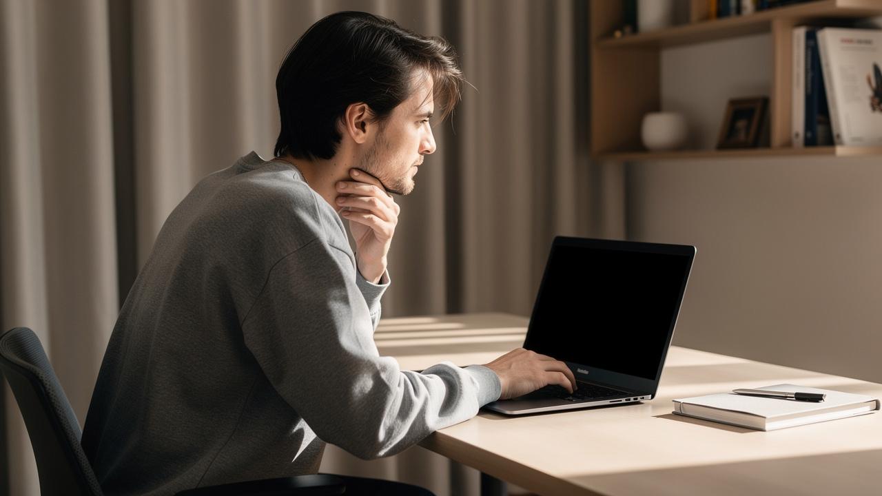 Muškarac sedi za stolom i radi na laptopu sa sveskom i olovkom pored njega